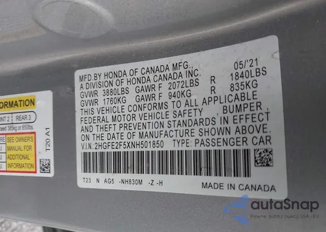 2022 Honda Civic Sport z USA, uszkodzony, nr VIN 2HGFE2F5XNH501850